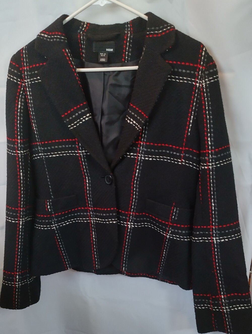 H&M Black Plaid Blazer with Red & White & Gray Windowpane Size 10